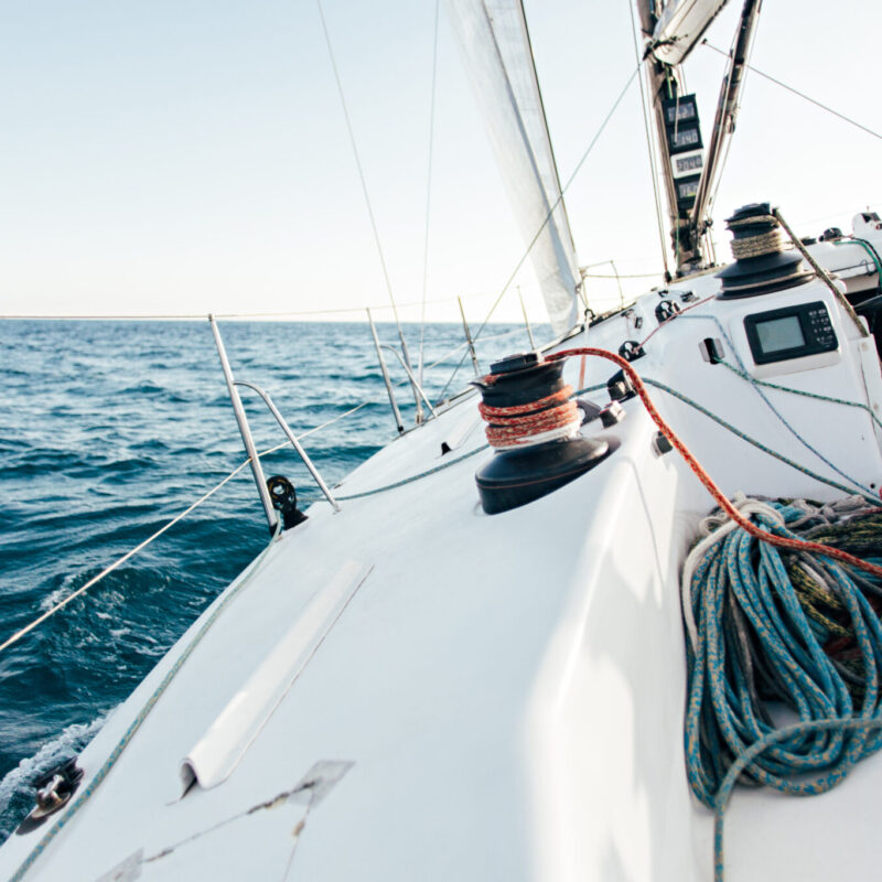 Deck Of Professional Racing Yacht Leaning In Wind